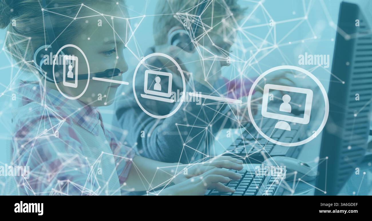 Children using computers with headsets, exploring digital interfaces in ...