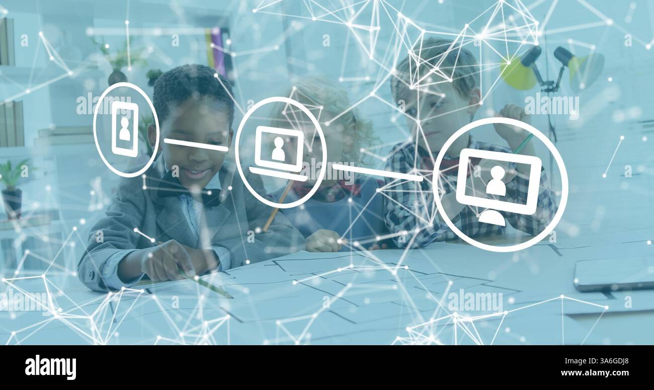 In school, children exploring digital interfaces, learning technology ...