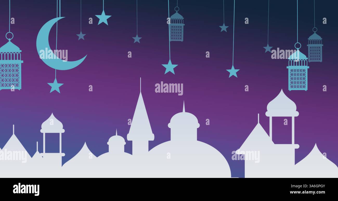 Image of white arabic style rooftops with hanging blue moon, lamp and ...