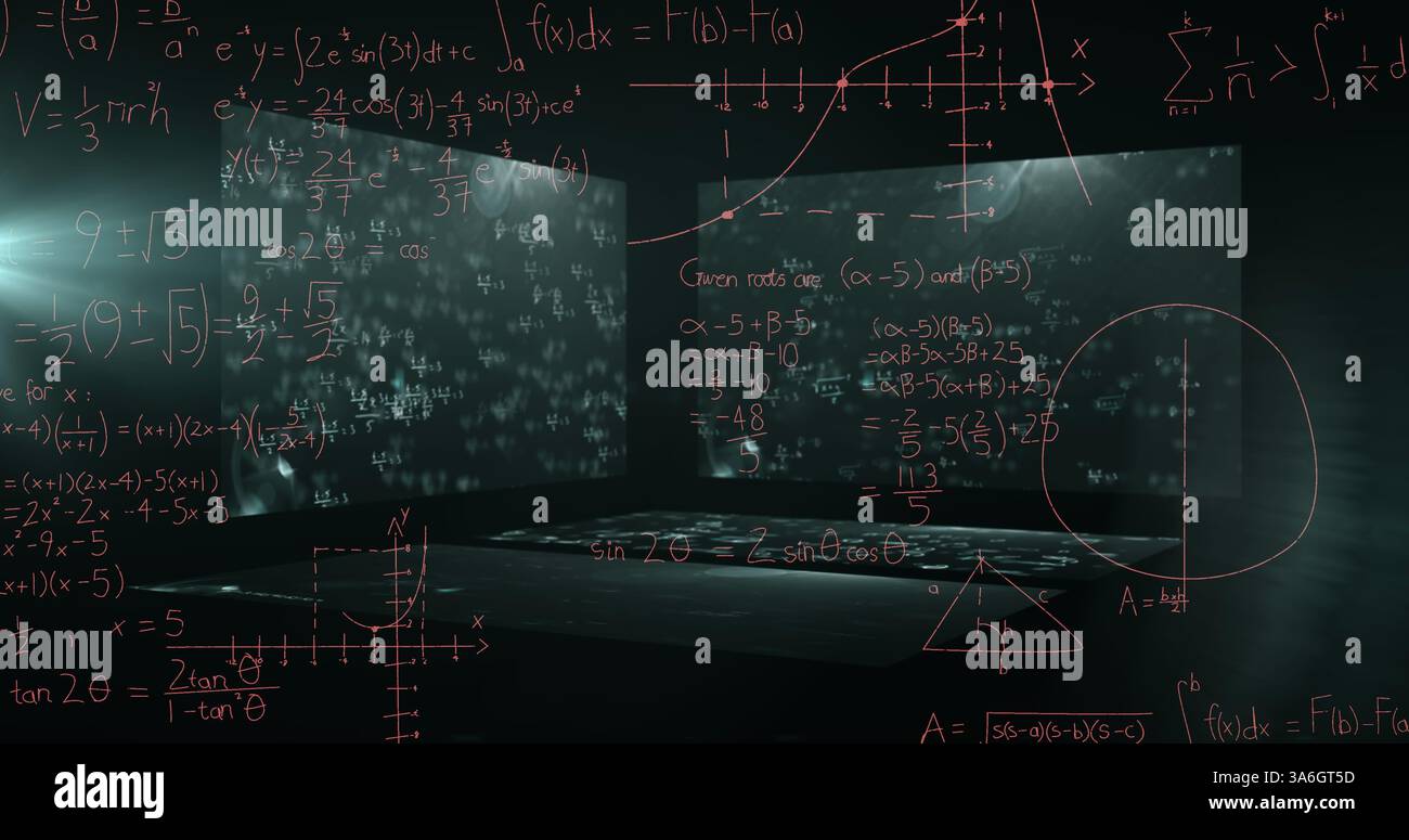 Image of data processing and mathematical equations over screens ...