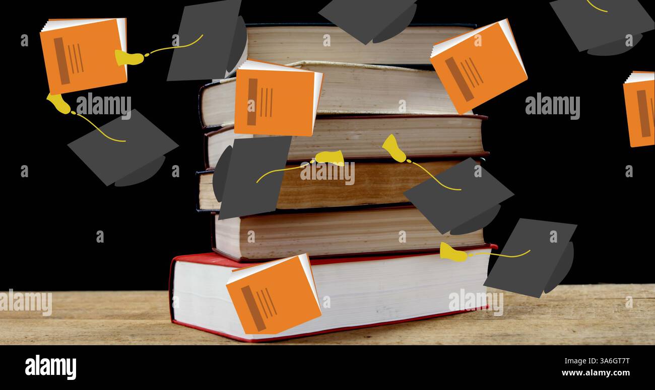 Graduation hats and books falling against stack of books on wooden ...