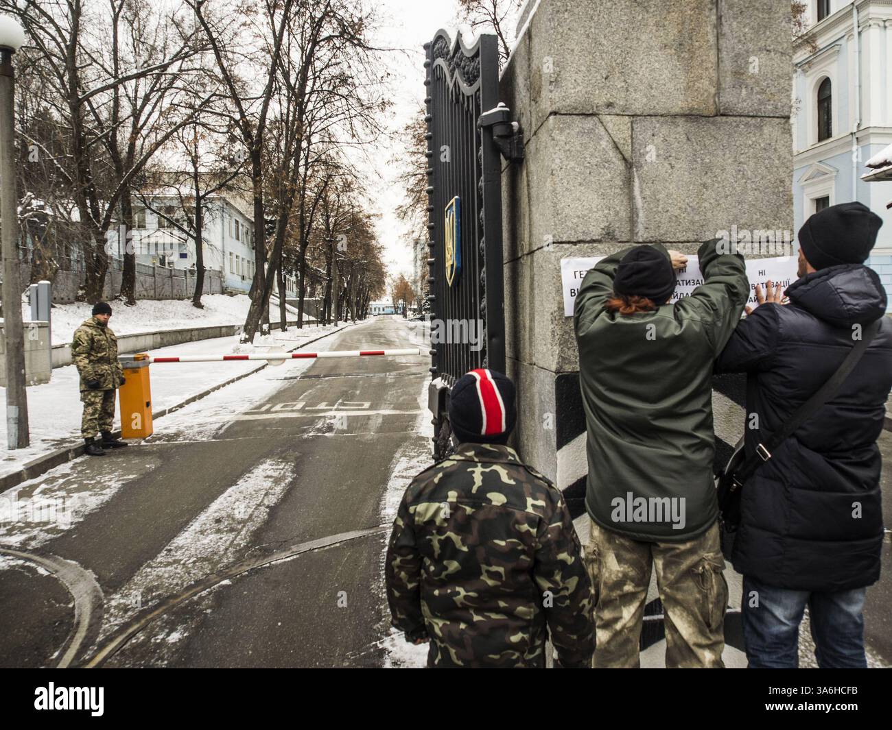 Nov. 26, 2014 - In connection with the election of Sergei Melnychuk people's deputy, instead acting battalion commander ''Aydar'' was appointed Sergei Fedorchenko. The decision was made with the support of the majority of the volunteer battalion. The appointment was formalized by the order and Sergey Fedorchenko assumed his duties..After that, contrary to current legislation and the will of the men appeared an order appointing the commander Eugene Ptashnik..Soldiers are concerned by this situation, and therefore it was decided to hold a rally. (Credit Image: © Igor Golovniov/ZUMA Wire) Stock Photo