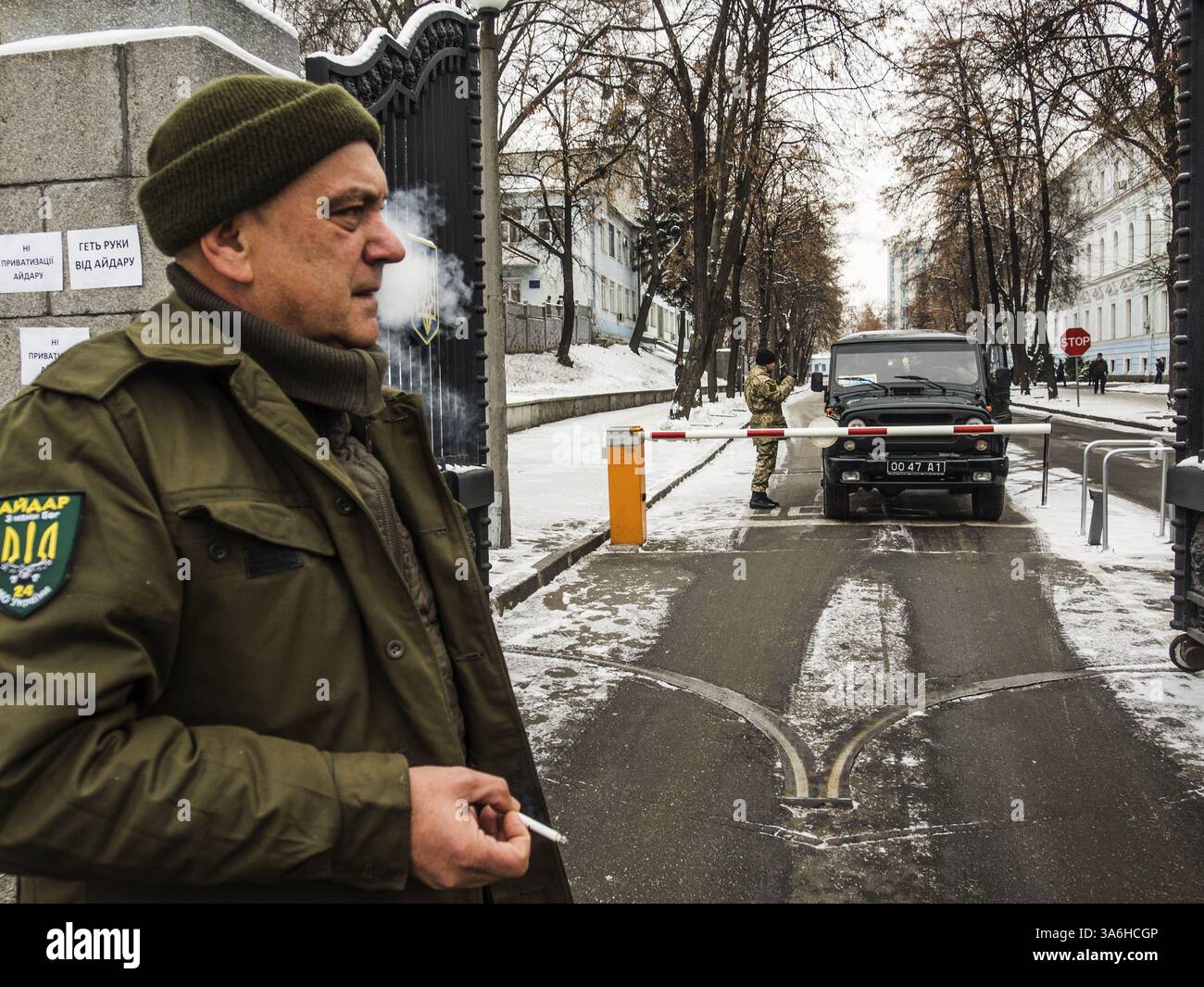 Nov. 26, 2014 - In connection with the election of Sergei Melnychuk people's deputy, instead acting battalion commander ''Aydar'' was appointed Sergei Fedorchenko. The decision was made with the support of the majority of the volunteer battalion. The appointment was formalized by the order and Sergey Fedorchenko assumed his duties..After that, contrary to current legislation and the will of the men appeared an order appointing the commander Eugene Ptashnik..Soldiers are concerned by this situation, and therefore it was decided to hold a rally. (Credit Image: © Igor Golovniov/ZUMA Wire) Stock Photo