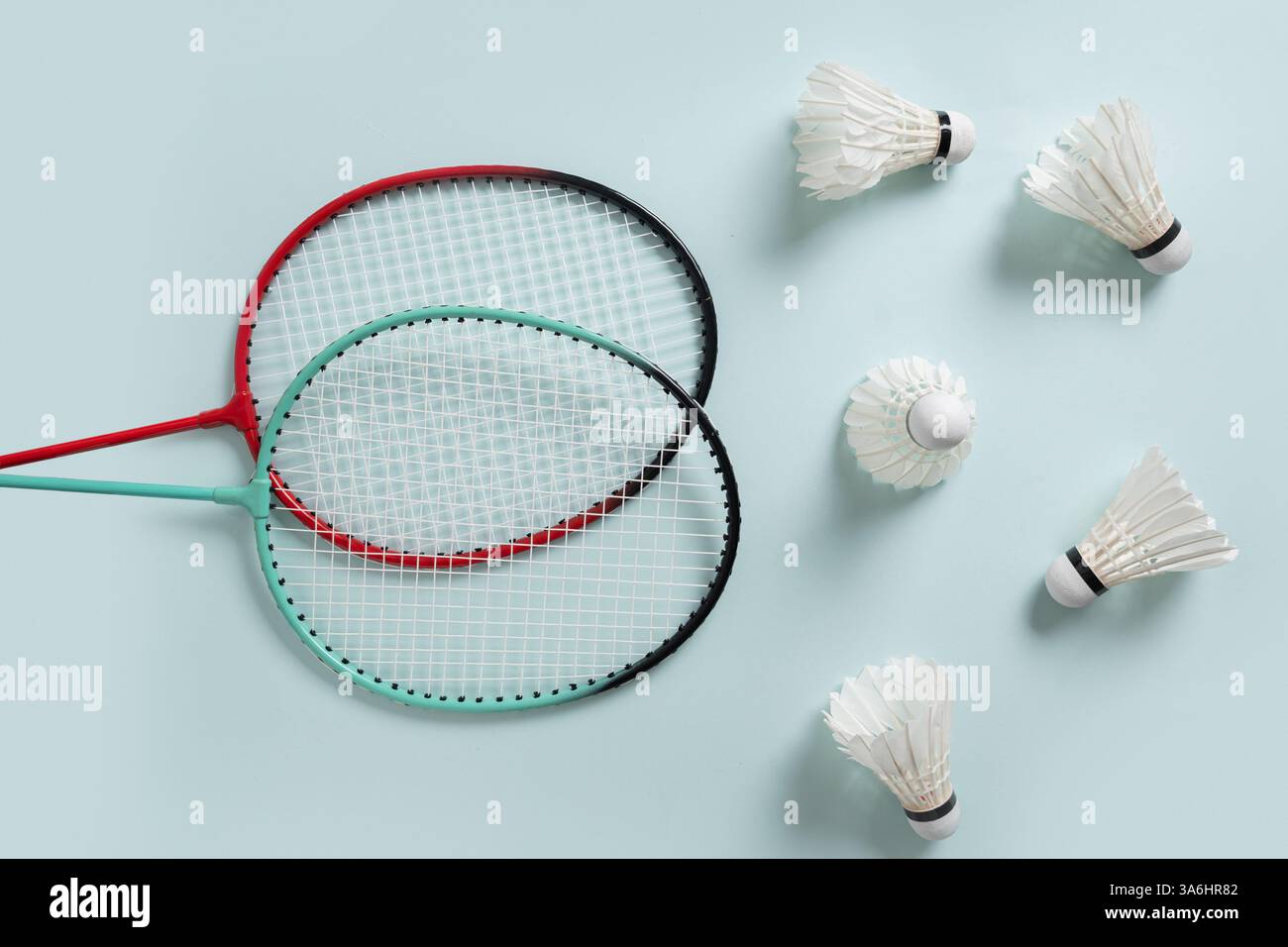 White feather badminton shuttlecocks and two badminton rackets on light blue background. View from above. Concept racket sport. Leisure games. Stock Photo