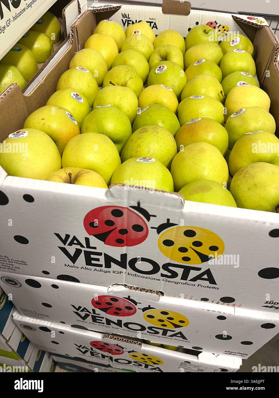 Val Venosta apples, yellow apples, cardboard crates, product of Italy, Italian fruit supplier, food supply, logistics, distribution, supply chain - Smartphone Captured Stock Image