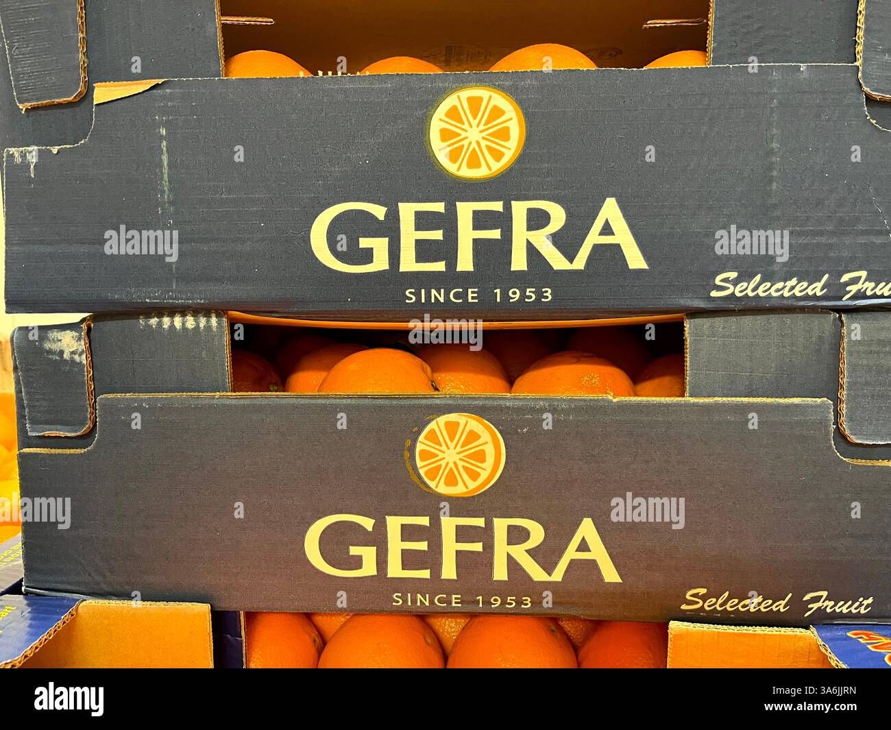 oranges, citrus fruits, Gefra, fresh produce, Greek supplier, agriculture, food supply, distribution, supply chain, product of Greece, agricultural - Smartphone Captured Stock Image