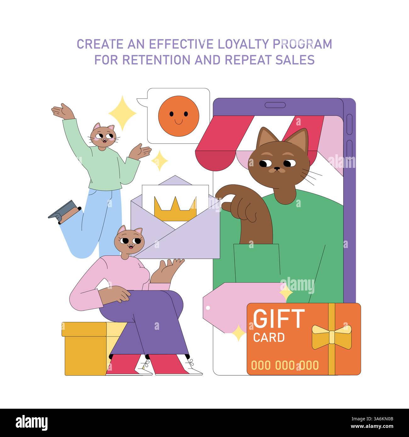 Effective loyalty program creation key for customer retention and repeat sales. Engaging visuals portray incentives like gift cards and messaging essentials for modern marketing success. Vector illustration. Stock Vector