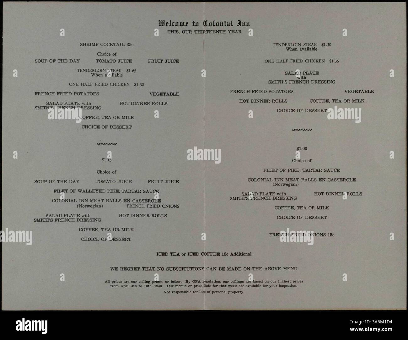 A bi-fold menu from Smith's Colonial Inn, showcasing a selection of ...
