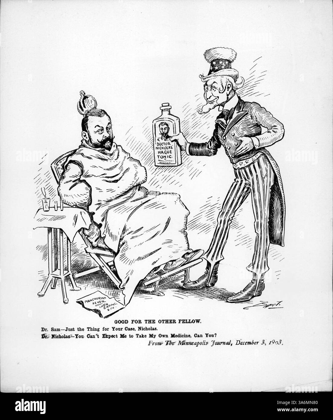 In this cartoon, Uncle Sam recommends Czar Nicholas take Hague Tonic ...