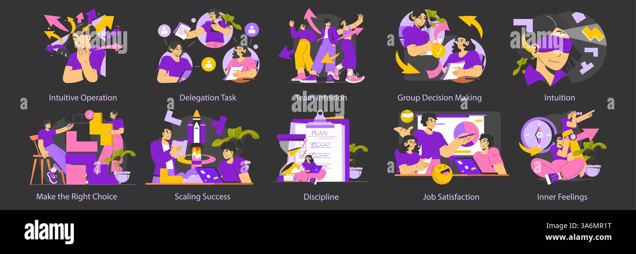 Intuitive operation guide focusing on teamwork, decision-making, and personal growth. The illustration showcases various aspects including discipline, job satisfaction, and inner feelings in a collaborative environment. Stock Vector