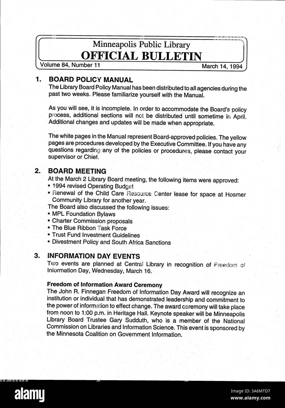 The 1994 weekly bulletin from the Minneapolis Public Library serves as ...