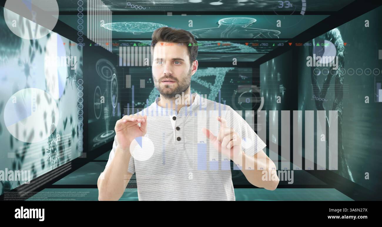 Interacting with virtual data, man using futuristic digital interface in office. Technology, innovation, artificial intelligence, future, interaction, Stock Photo