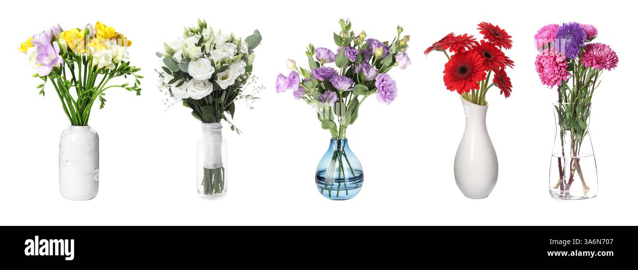 Bouquets of different beautiful flowers in vases isolated on white, set ...