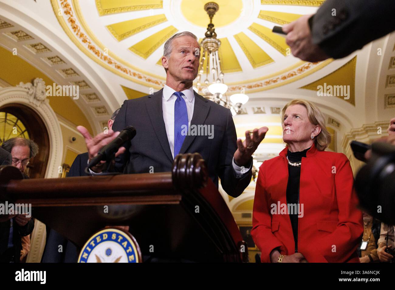 Senate Majority Leader John Thune (R-SD) gives remarks during a post ...