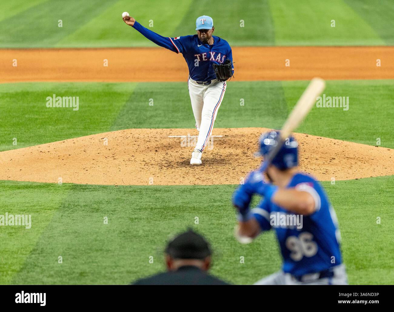 Texas Rangers pitcher Kumar Rocker pitches to Kansas City Royals' John ...
