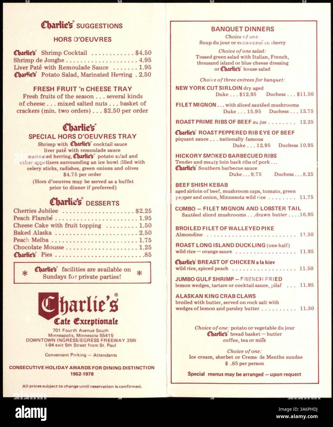 Fresh Look at A 1977 Banquet Menu From Charlie S Cafe Exceptionale Featuring