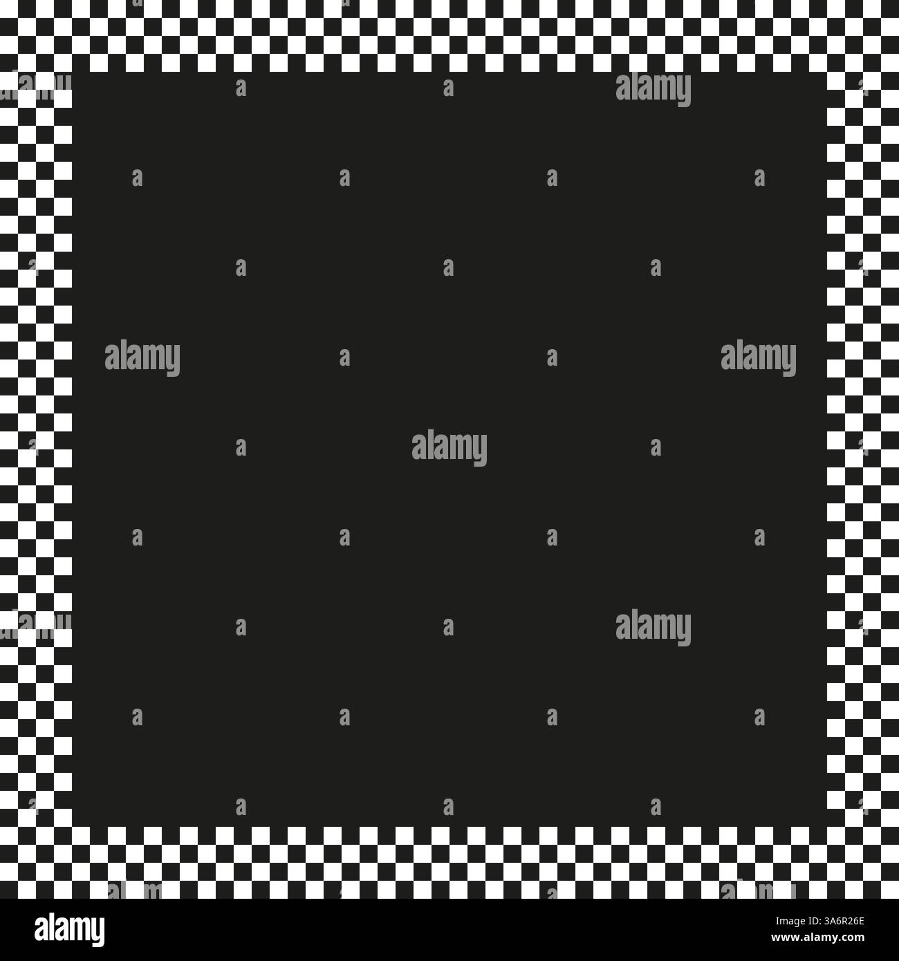 Black square center. Checkerboard pattern border. Bold monochrome layout. Geometric minimalistic style. Stock Vector