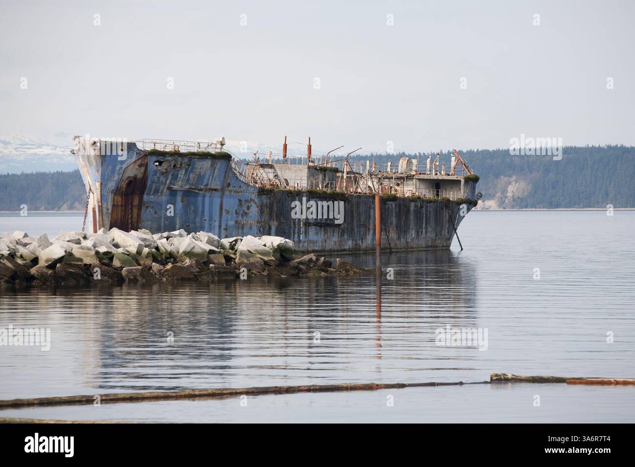 An old sunken ship off the coast of Powell River Stock Photo