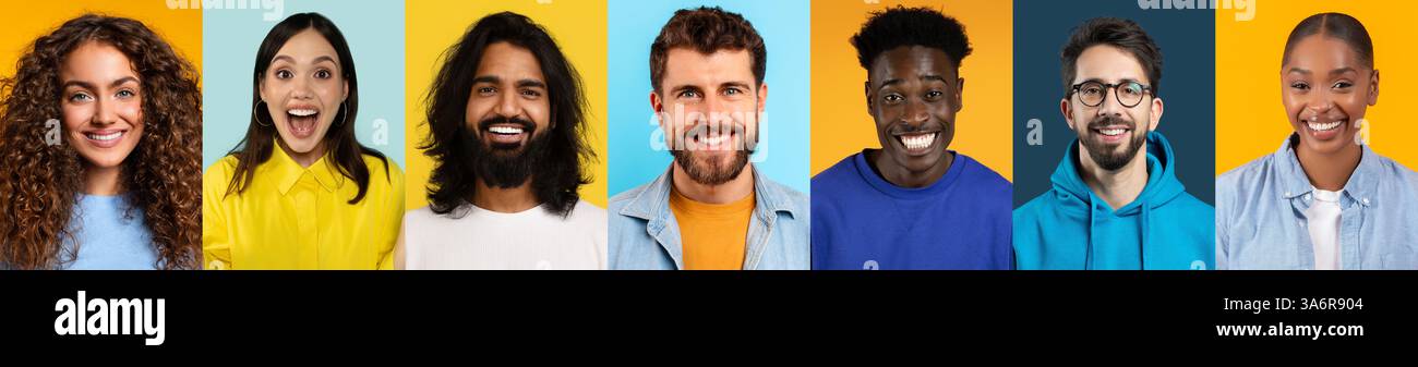 Diverse group of individuals smiling against colorful backgrounds Stock Photo