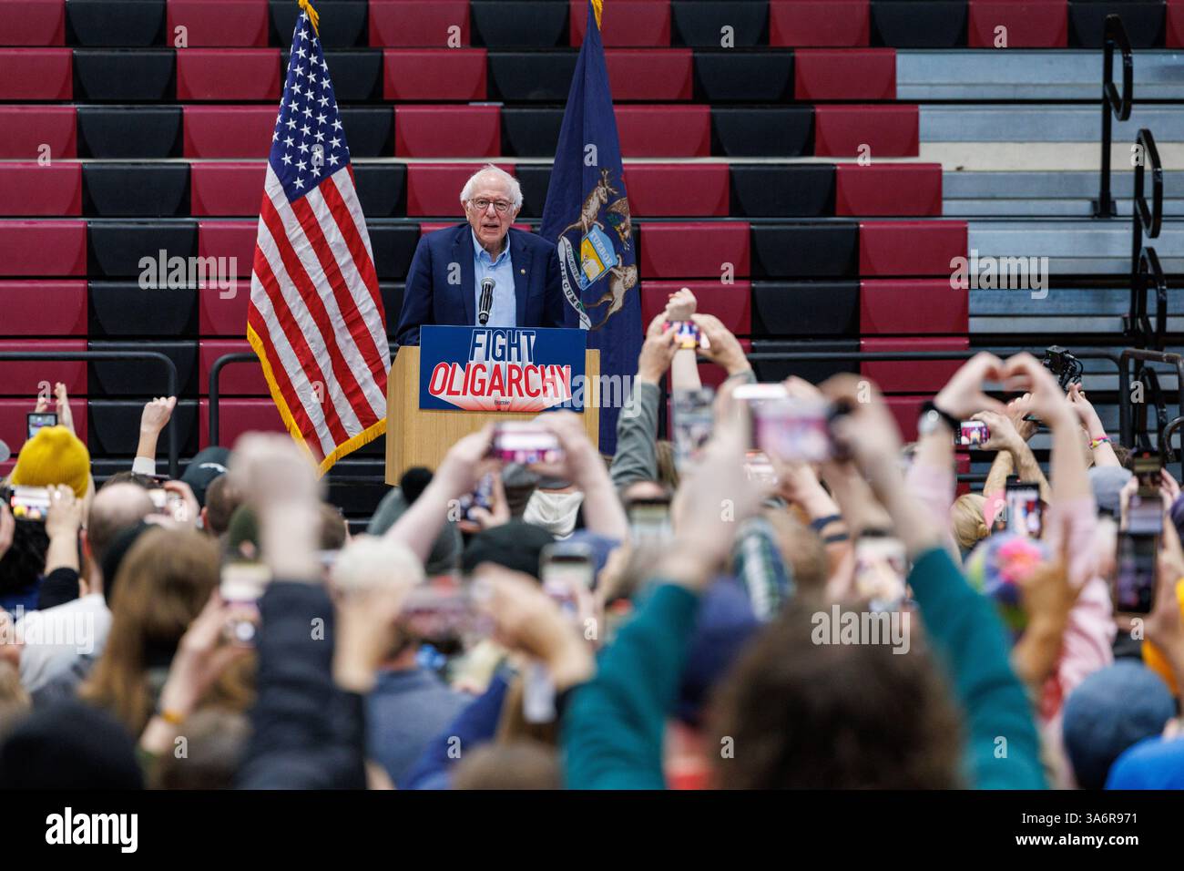 Warren, USA. 08th Mar, 2025. U.S. Sen. Bernie Sanders, I-Vt., speaks at ...