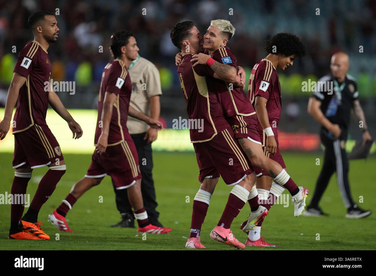 Venezuela S Josua Mejias Celebrates With His Teammate Yeferson Soteldo Venezuelas Josua Mejias Celebrates With His Teammate Yeferson Soteldo Second From Right At The End Of A World Cup 2026 Qualifying Soccer Match Against Peru In Maturin Venezuela Tuesday March 25 2025 Ap Photoariana Cubillos 3A6RETX