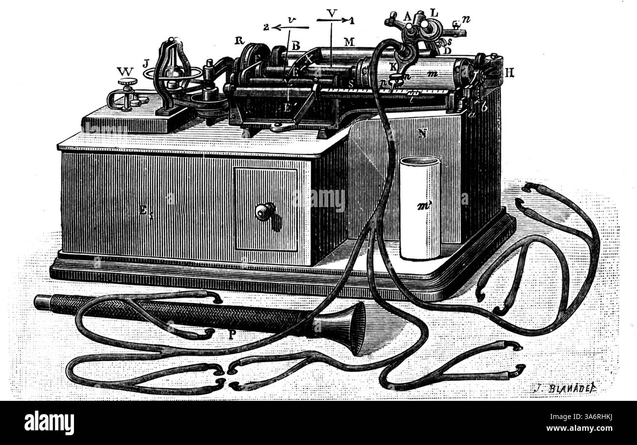 Illustration of the phonograph developed in 1877 by US inventor Thomas ...