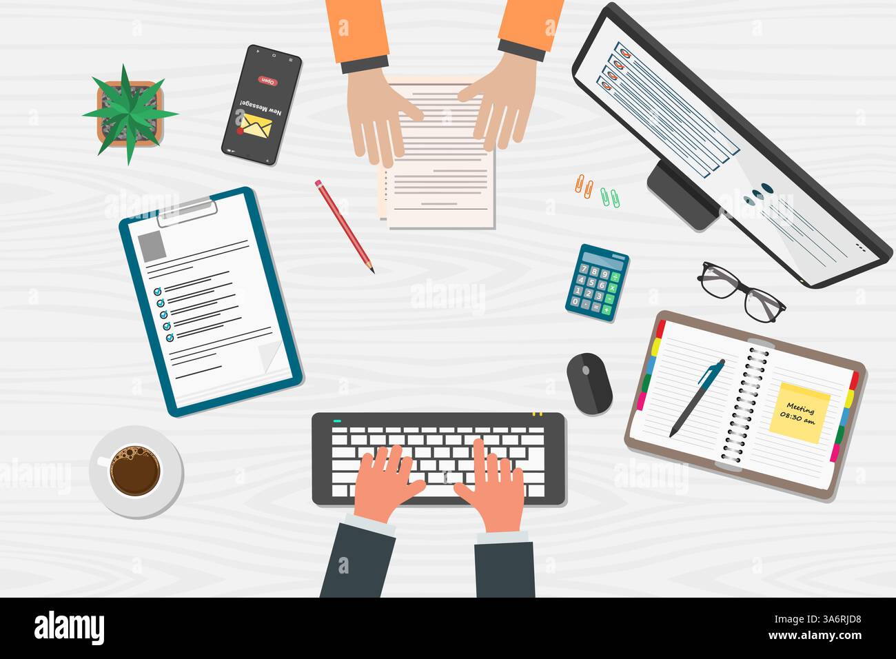 Top view of a customer service representative's desk serving customers or a businessperson and his clients Stock Vector