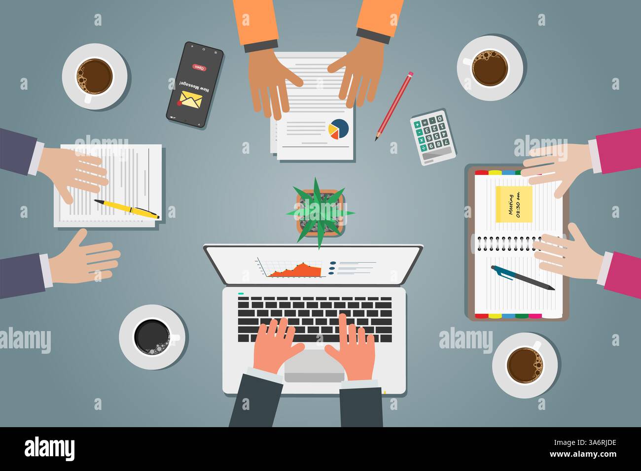 Top view of business group meeting or discussion at a work desk Stock Vector