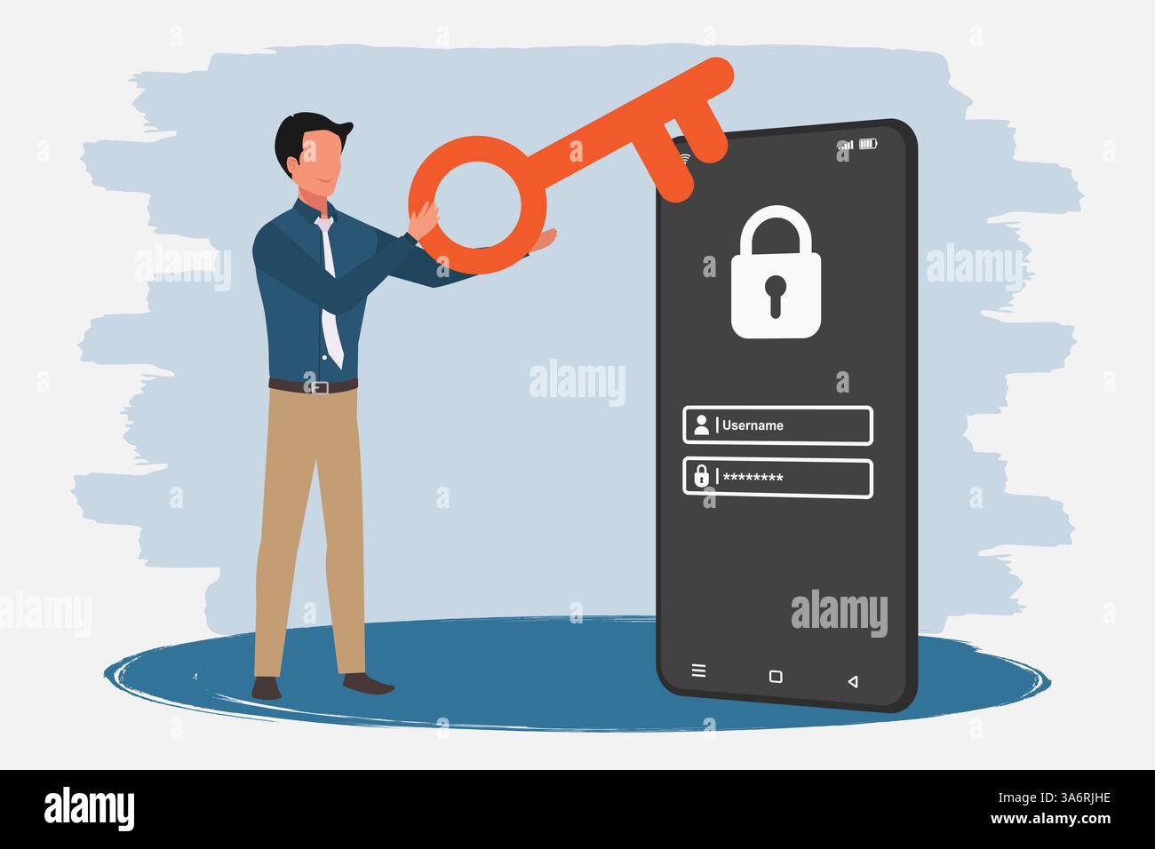 Man holding a key to login or access mobile phone using username and password. Online data privacy protection concept. Vector illustration. Stock Vector