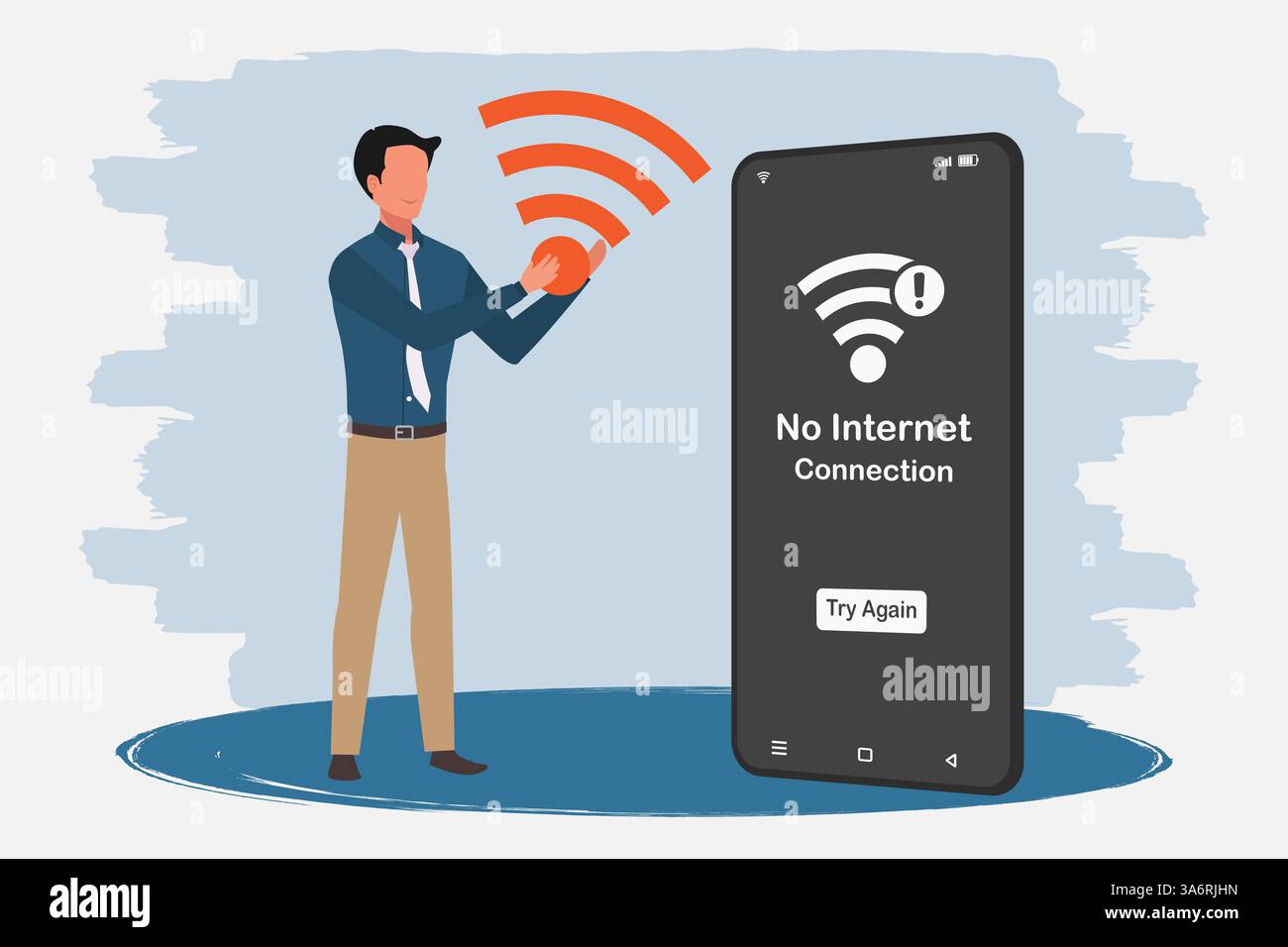 A smartphone with no connection on screen. Man holding a wifi