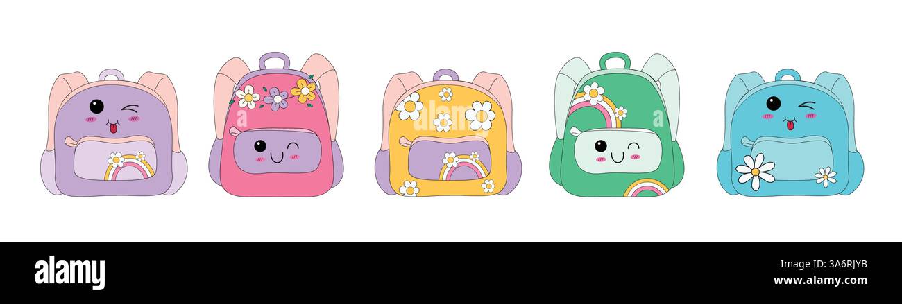 Backpack colorful icon clipart set. Back to school bag in flat hand ...