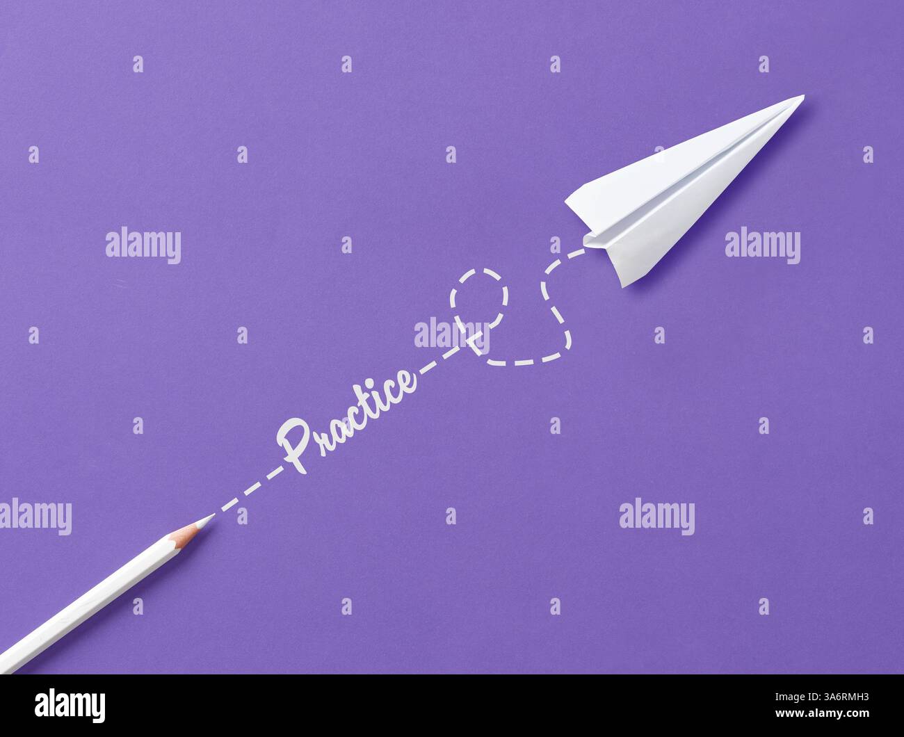 Transforming theory into practice. Implementation or application of theories in practice. The word Practice with white crayon and a paper plane on pur Stock Photo