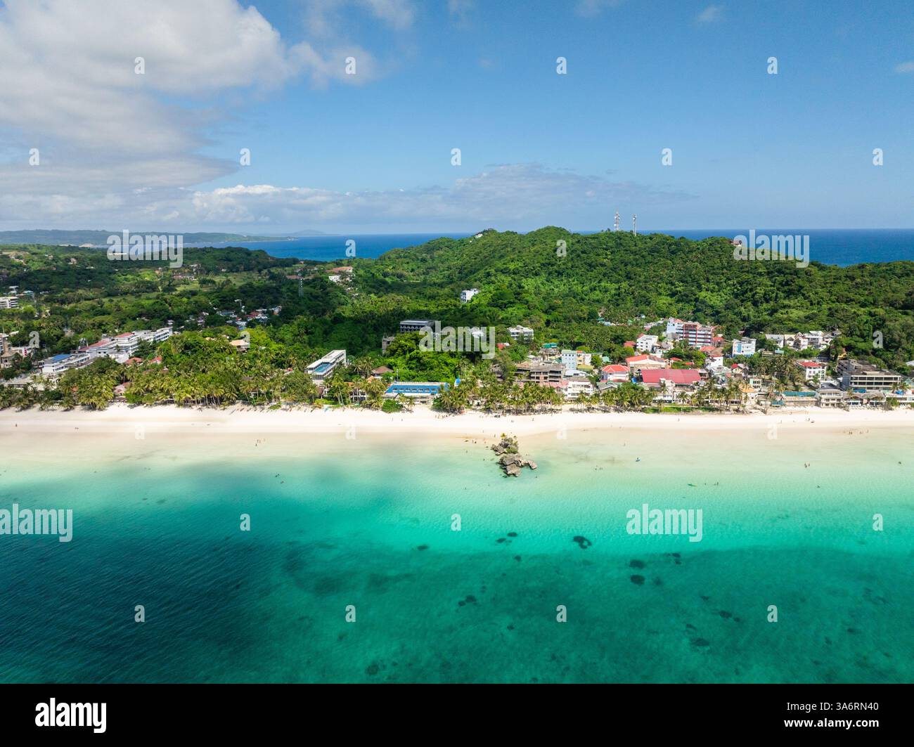 Drone view of beach with white sands and crystal clear waters. Boracay ...