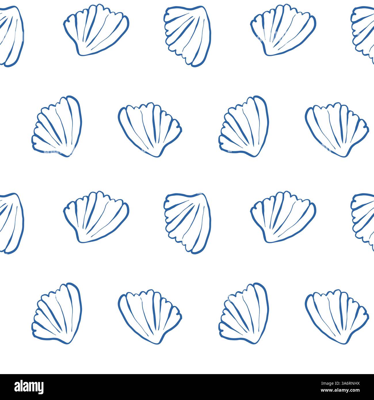 Hand drawn sea shells scallops blue seamless pattern in doodle sketchy ...