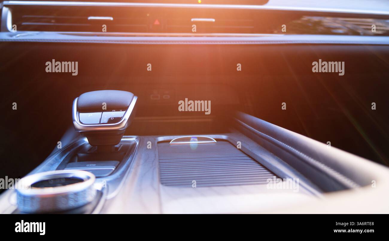 Automatic transmission shift selector in the modern car black leather ...