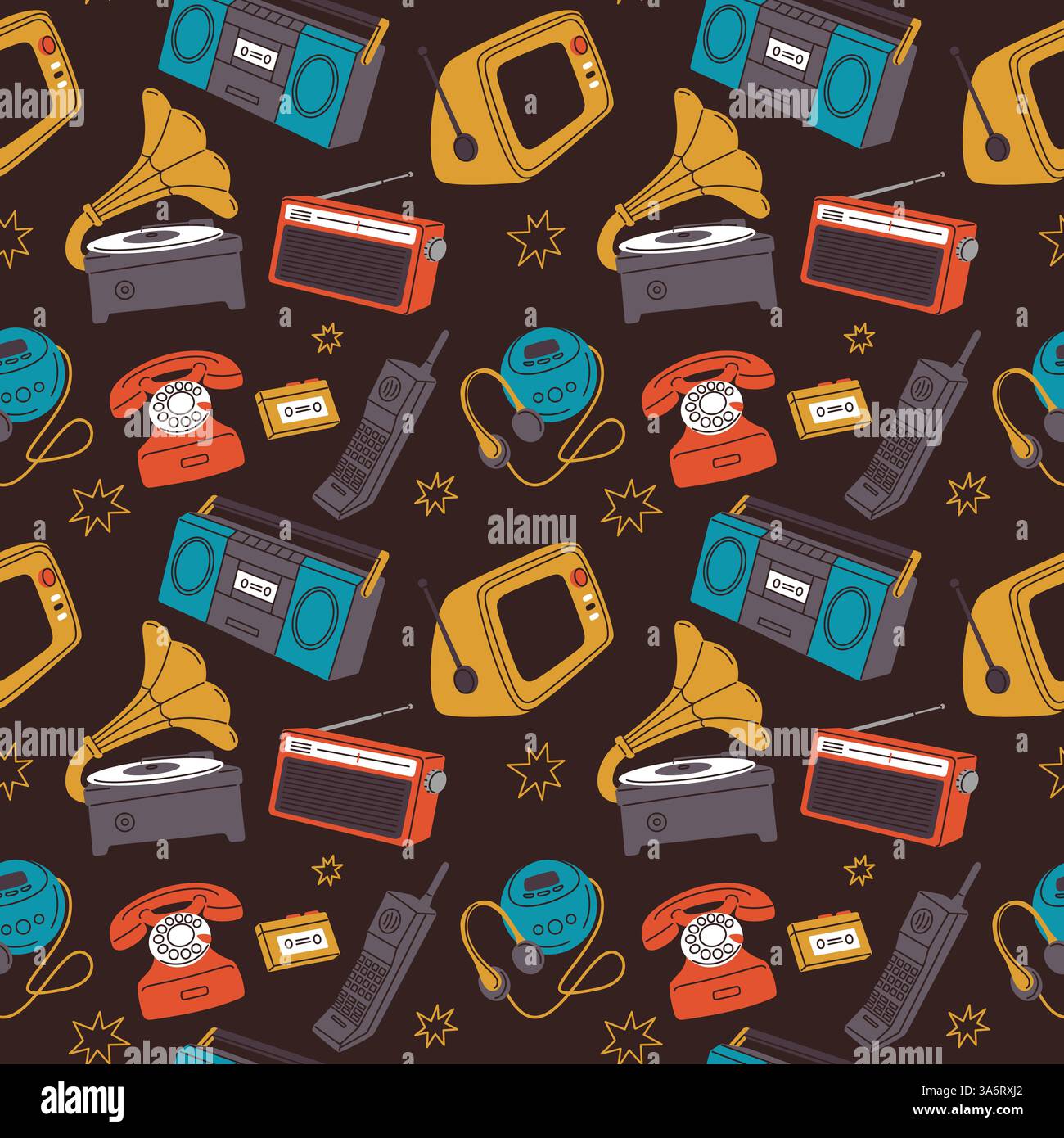Retro gadgets. Vintage electronic devices, 90s technology, mobile phone, gamepad console, old vinyl record player, radio and television, wrapping Stock Vector