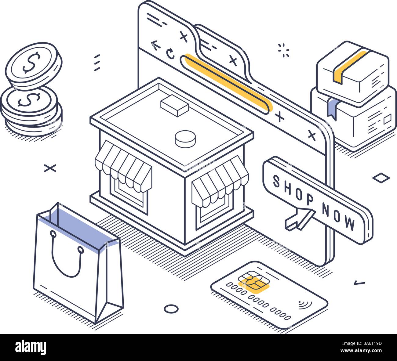 Online marketplace with a storefront, shopping bag, coins, and packages. It emphasizes the simplicity and accessibility of digital shopping, reflectin Stock Vector