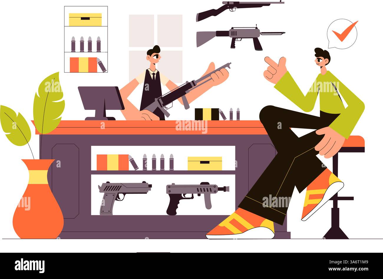 Gun Accessories Shop Vector Illustration featuring a Rifle, Bullets ...
