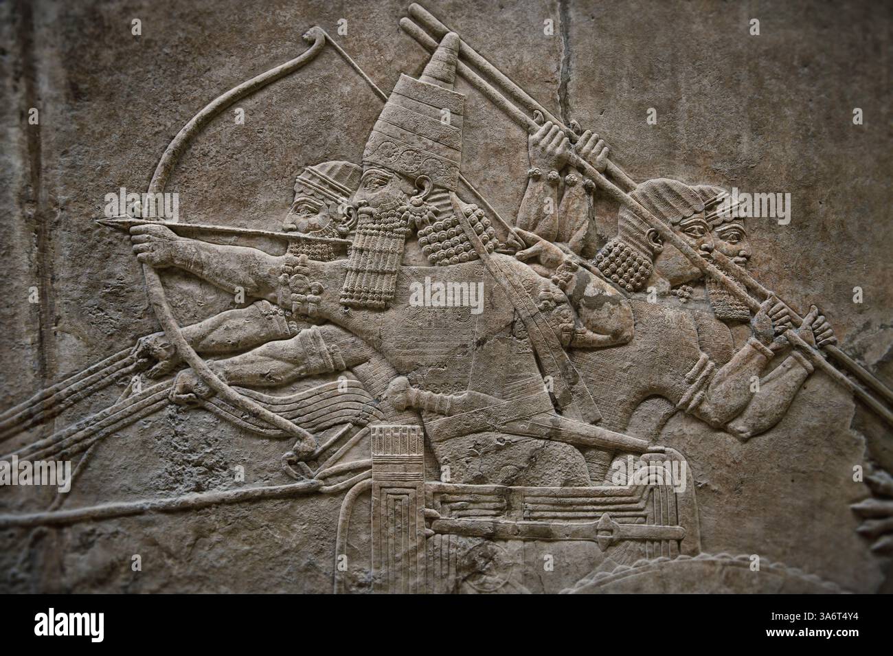 Assyrian relief sculpture panel of king Ashurnasirpal hunting a lion with a bow & arrow from his chariot. Nineveh  North Palace, Iraq,  668-627 B.C. Stock Photo
