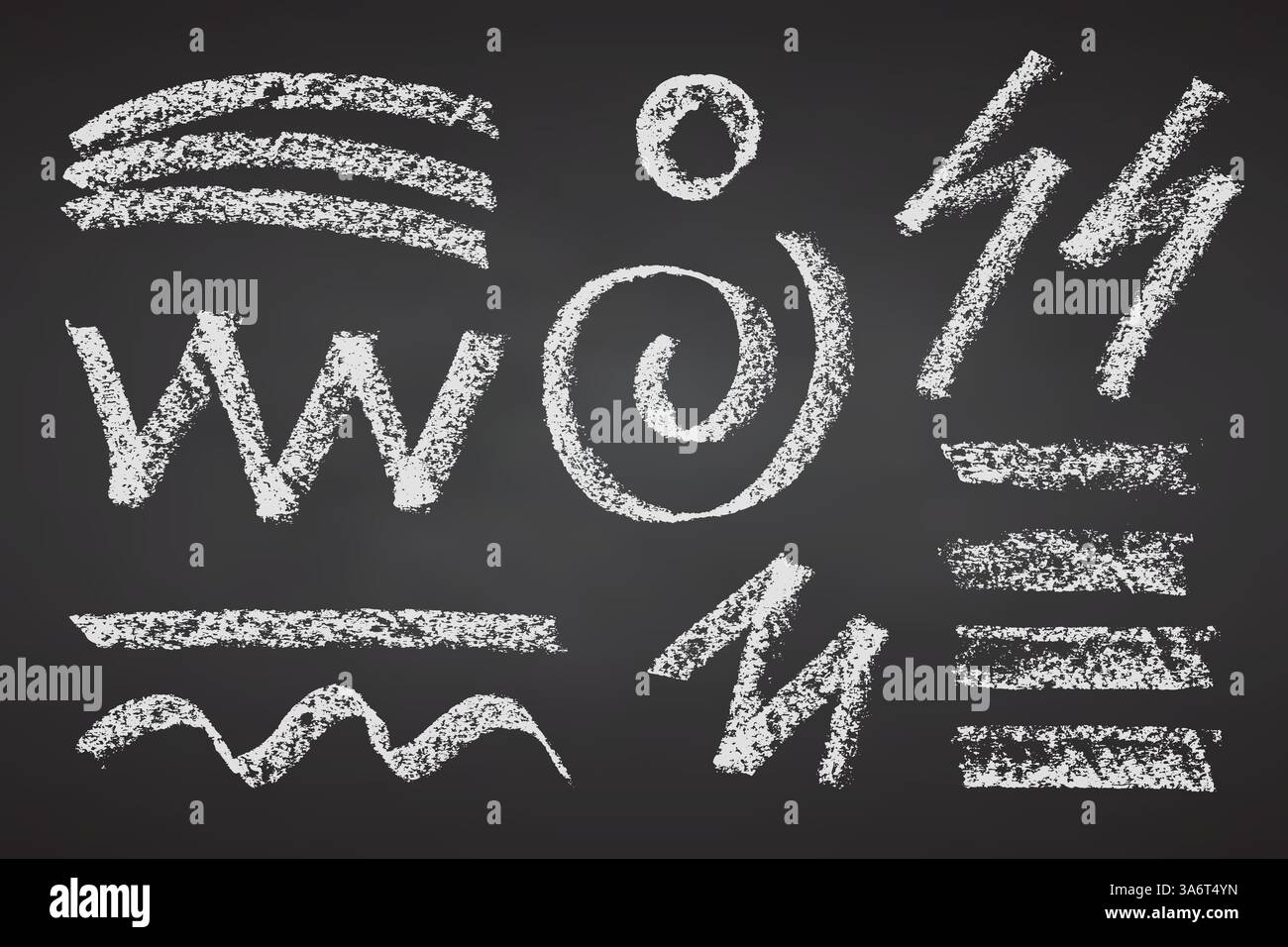 Charcoal bold strokes collection. Rough pencil scribbles lines Hand drawn circles and spiral shapes on black chalkboard. Scribble white strokes crayon Stock Vector