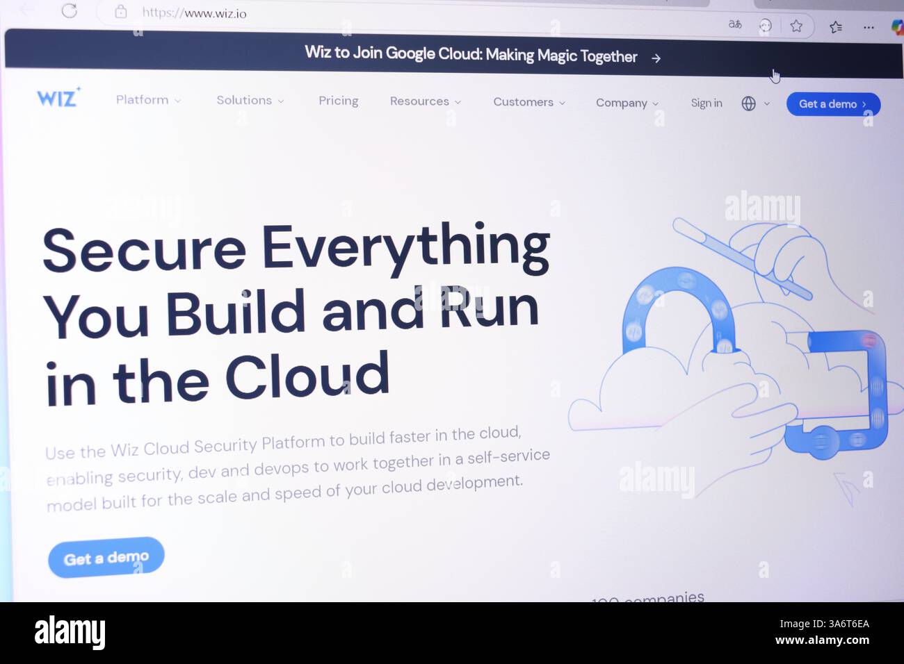 Website display showing cloud security platform with blue and white design. Stock Photo