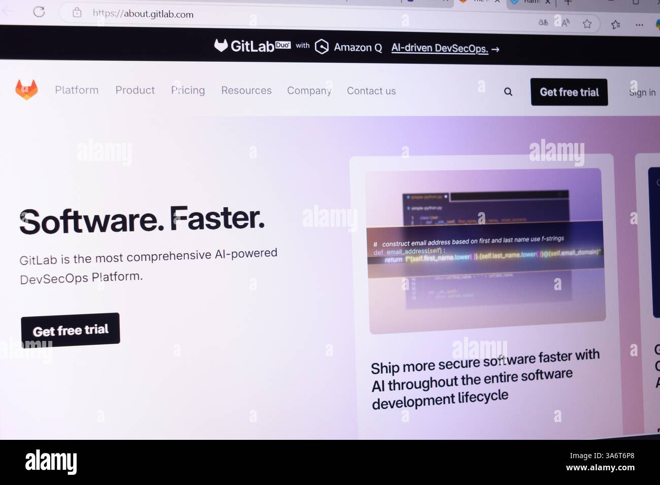 Ai-powered devsecops platform on gitlab website interface. Stock Photo