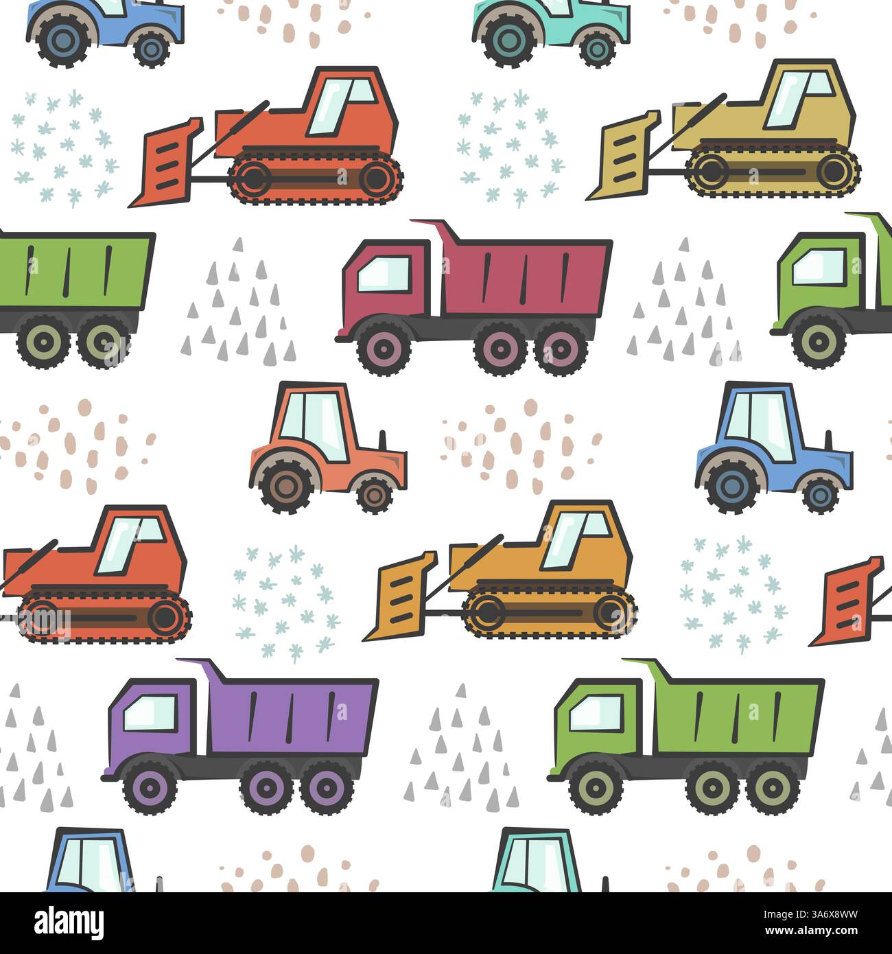 Cute kids pattern with cartoon dozer, tractor Stock Vector