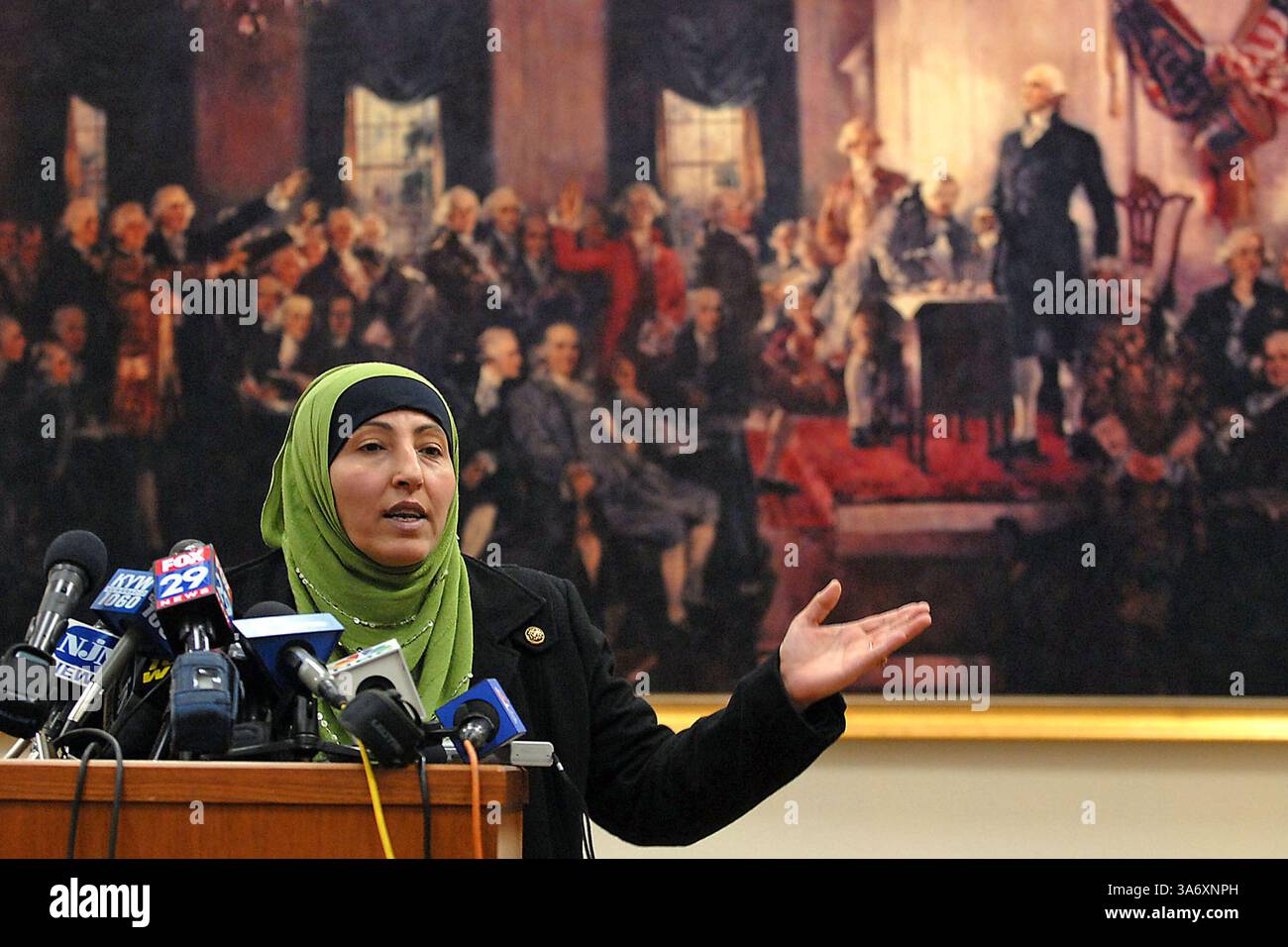 Dec. 22, 2008 - Faten Shnewer, mother of Mohamad Ibrahim Shnewer, speaks to the media about her son and four other Muslim immigrants accused of scheming to massacre U.S. soldiers at Fort Dix in Camden, New Jersey, on Monday, December 22, 2008. (Tom Gralish/Philadelphia Inquirer/MCT) (Credit Image: © Tom Gralish/MCT/ZUMAPRESS.com) Stock Photo