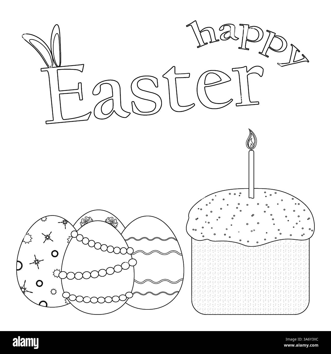 Black and white Easter coloring page featuring decorated Easter eggs, festive Easter cake with a candle, and - Happy Easter - text. Fun printable. Stock Vector