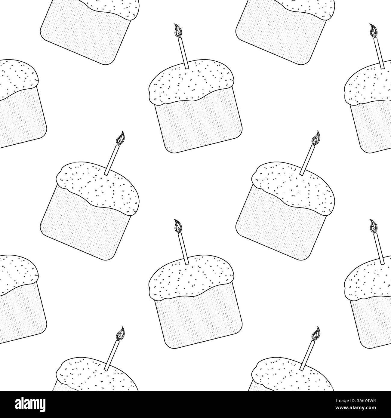 Hand drawn seamless pattern featuring traditional Easter cakes with icing, sprinkles, and candles in black and white. Coloring Page for kids. Stock Vector