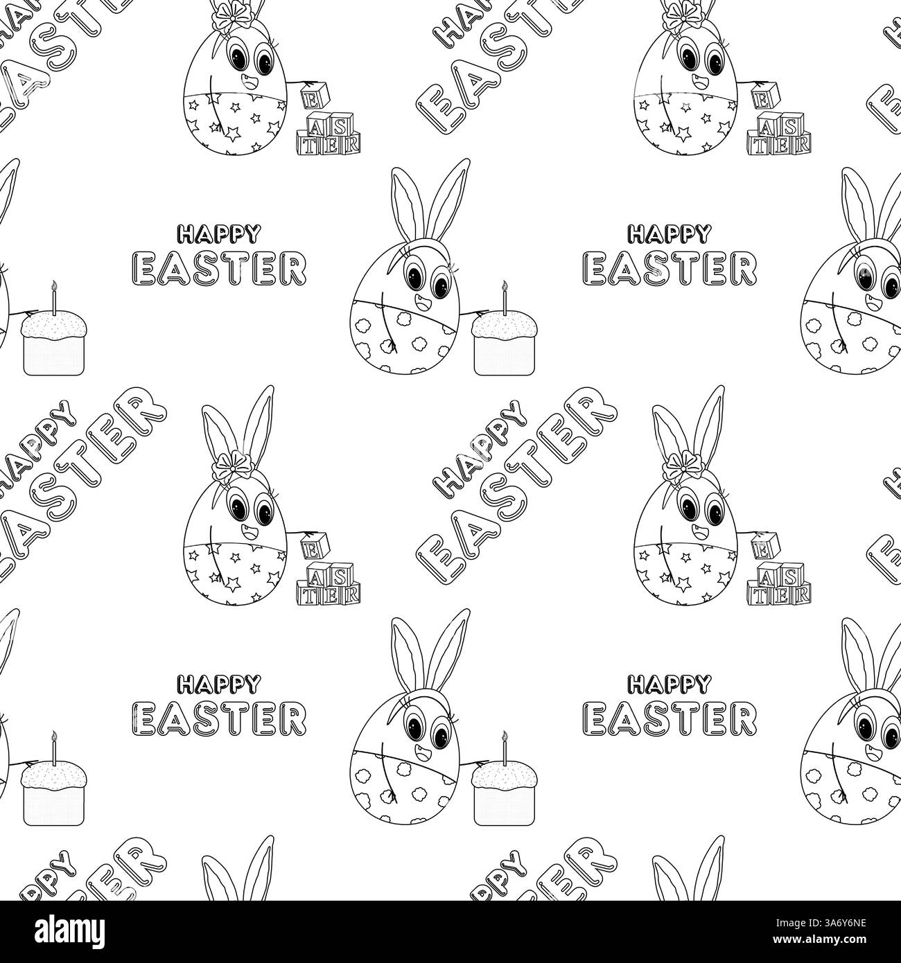 Black and white Easter seamless pattern with anthropomorphic bunny-eggs, festive Easter cake, and - Happy Easter - text, ideal for coloring page. Stock Vector