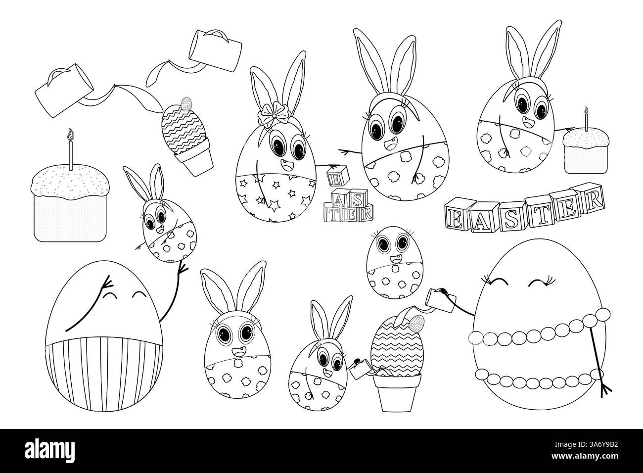 Black and white Easter coloring page featuring set bunny-eggs, holiday decorations, Easter cake, and playful activities. Stock Vector