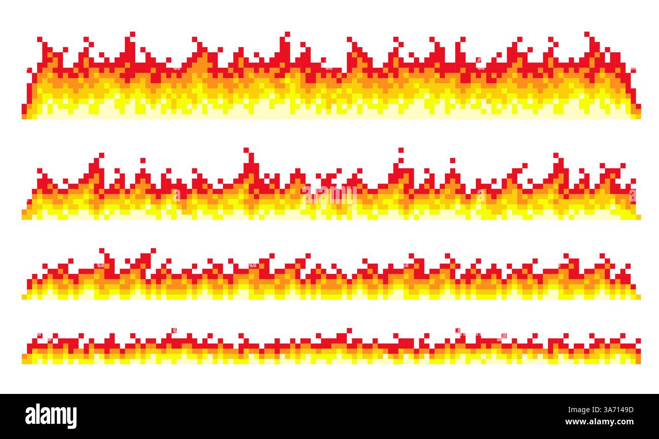Pixel flame borders. 8 bit fire assets, linear burning effect, retro ...