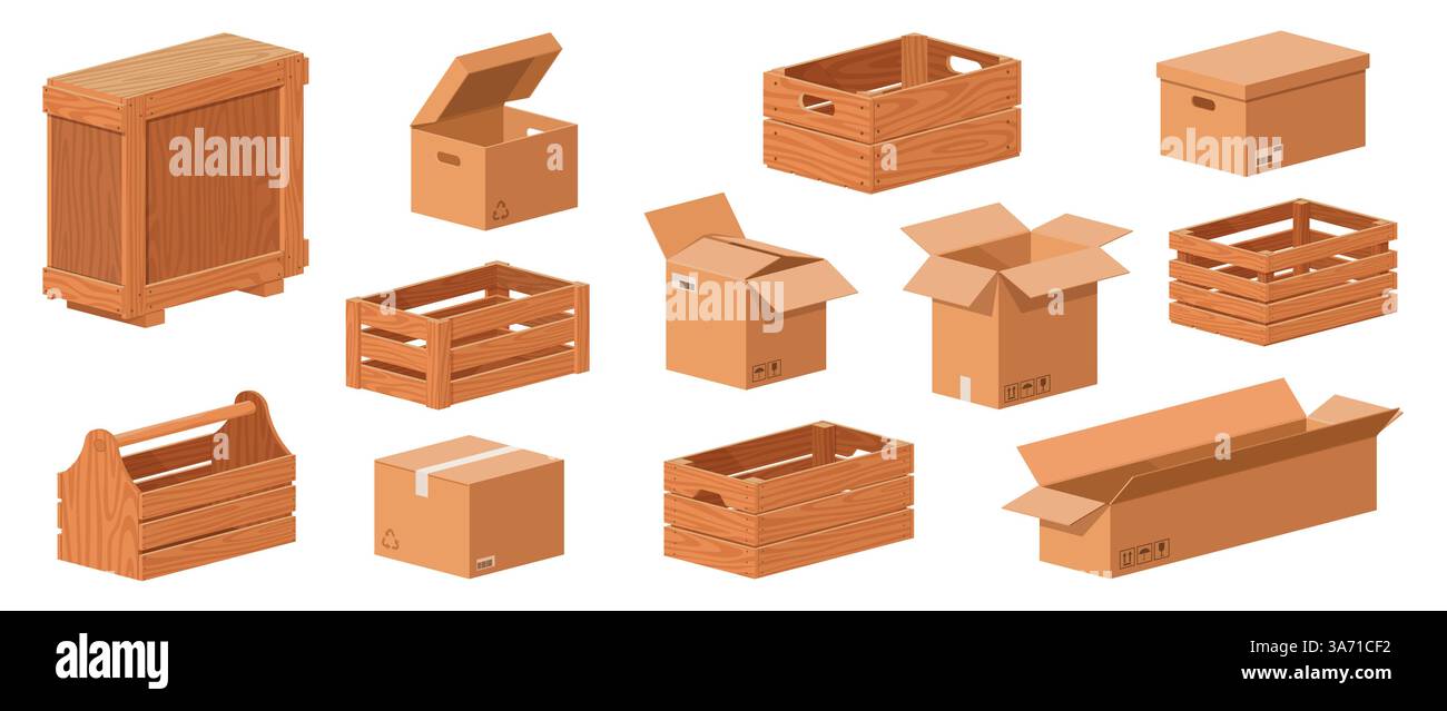 Cartoon wooden and cardboard boxes. Delivery parcels packaging, empty ...
